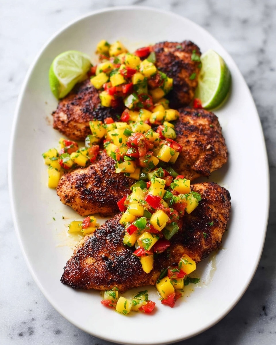 A white oval plate holds three grilled chicken pieces, each with a dark brown, slightly charred surface showing a textured crust. On top of the chicken is a bright salsa made of small diced pieces including yellow mango, red bell pepper, and green chopped herbs scattered evenly. Two lime wedges with pale green color rest near the back of the plate. The plate sits on a white marbled surface. photo taken with an iphone --ar 4:5 --v 7