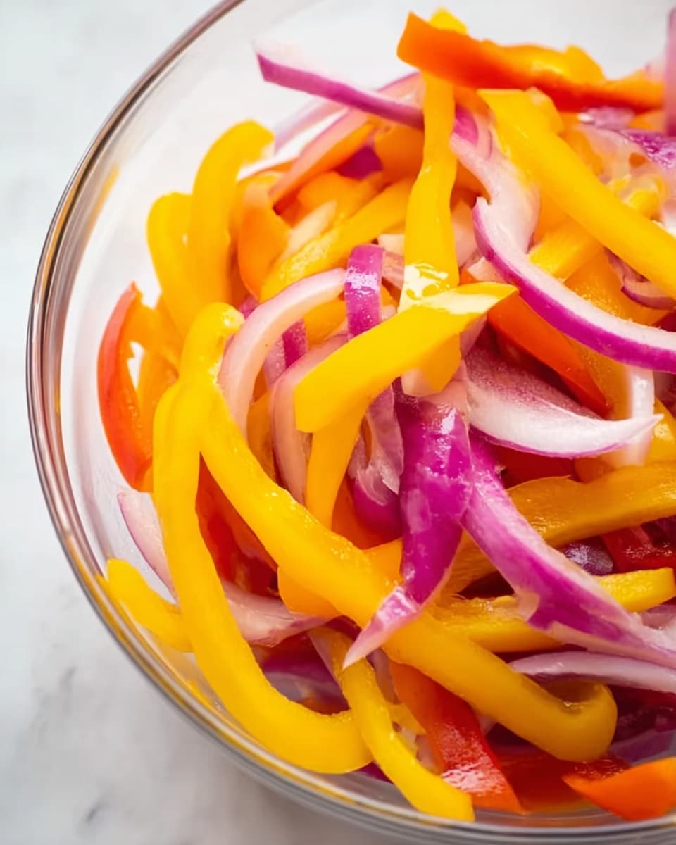 The image shows a close-up of a clear bowl filled with sliced yellow, orange, and red bell pepper strips mixed with thin slices of purple onion, creating a colorful and fresh mix. The peppers have a smooth, shiny texture, while the onions add a slight curve and layers with their purple and white shades. The background is a white marbled surface, enhancing the brightness of the vegetables. Photo taken with an iphone --ar 4:5 --v 7