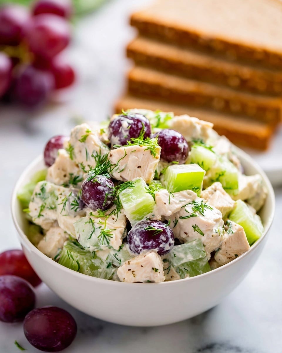 A white bowl filled with a creamy salad showing three main layers: the bottom layer has light green diced celery pieces, the middle layer has pale chunks of cooked chicken, and the top layer has dark purple grapes coated lightly with dressing, sprinkled with finely chopped green onions and dill. The salad looks fresh and mixed with a creamy white sauce that covers all ingredients. The bowl sits on a white marbled surface, with out-of-focus slices of whole grain bread stacked in the background and two loose dark purple grapes beside the bowl. Photo taken with an iphone --ar 4:5 --v 7