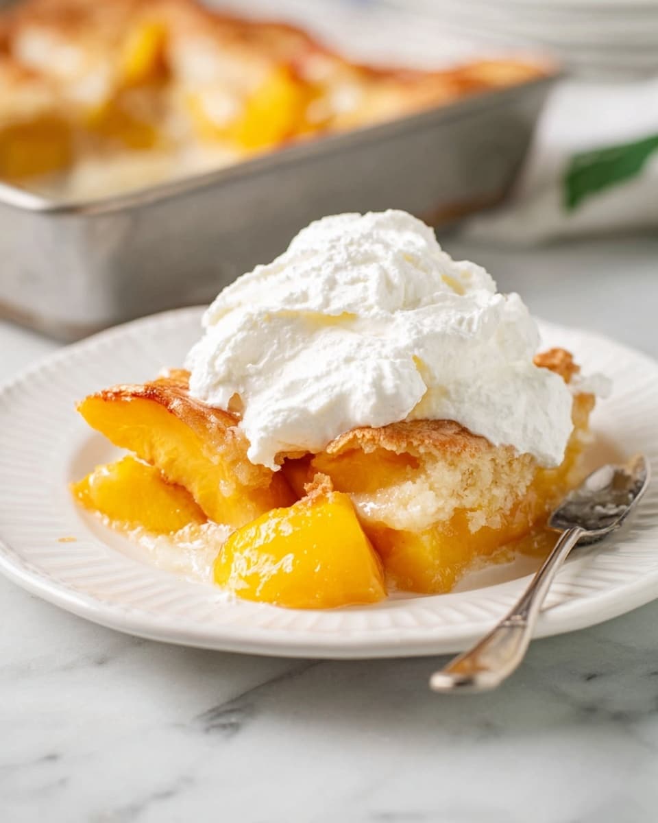 A white plate holds one slice of peach cobbler with two main layers: a golden brown crust on top, and thick peach slices with a soft, light dough base underneath. A big dollop of white whipped cream with a fluffy texture covers part of the cobbler slice. A silver spoon scoops some whipped cream beside the slice. The plate rests on a white marbled surface, and a metal baking dish with more cobbler is blurry in the background. Photo taken with an iphone --ar 4:5 --v 7