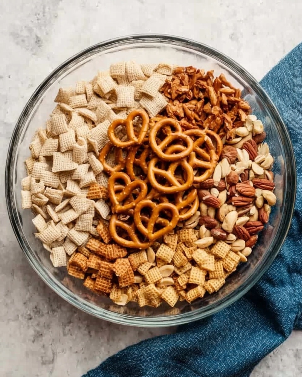 A large clear glass bowl filled with three snack layers arranged side by side: small square light beige cereal pieces on the left, golden brown pretzels on the top right, and mixed nuts with small square cracker pieces on the bottom right. The bowl sits on a white marbled texture surface with a blue cloth napkin partially visible on the right side. Photo taken with an iphone --ar 4:5 --v 7