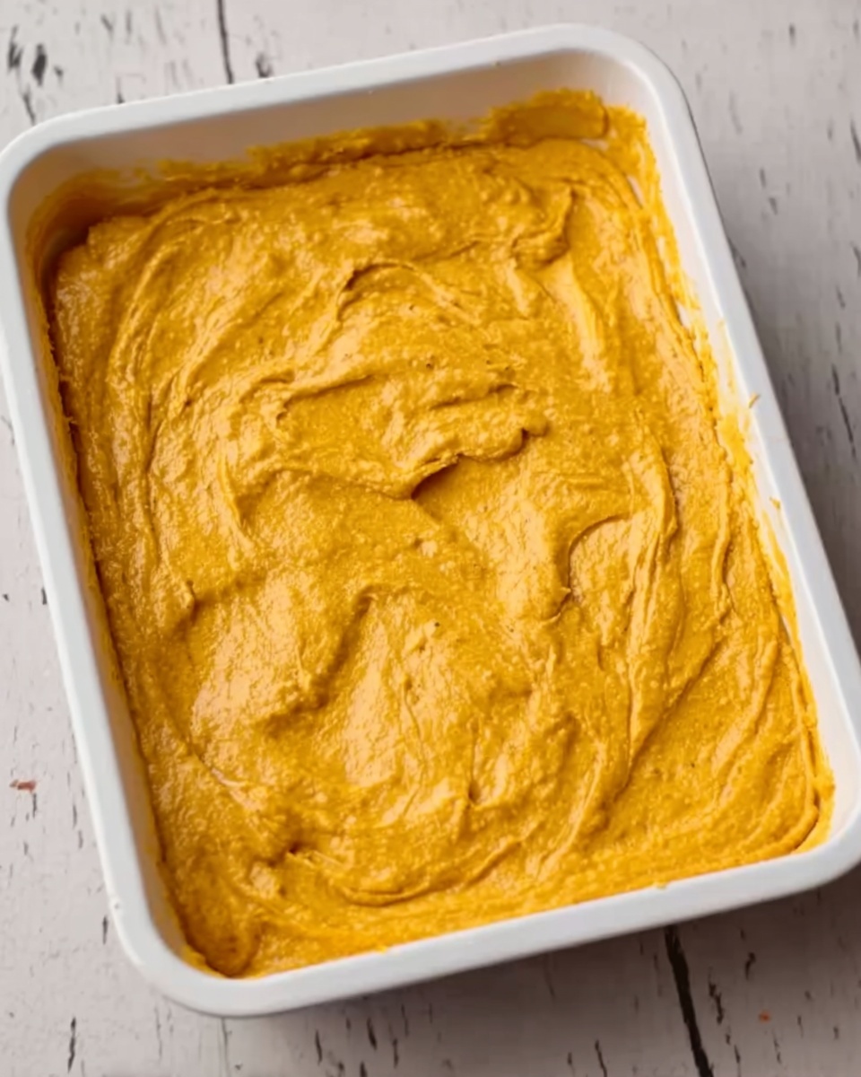 A white rectangular baking dish filled with a thick, smooth layer of orange-yellow batter spread evenly across the entire dish, showing slight swirls and texture on the surface. The edges of the batter are pushed up slightly against the sides of the dish. The dish is placed on a white marbled surface. Photo taken with an iphone --ar 4:5 --v 7