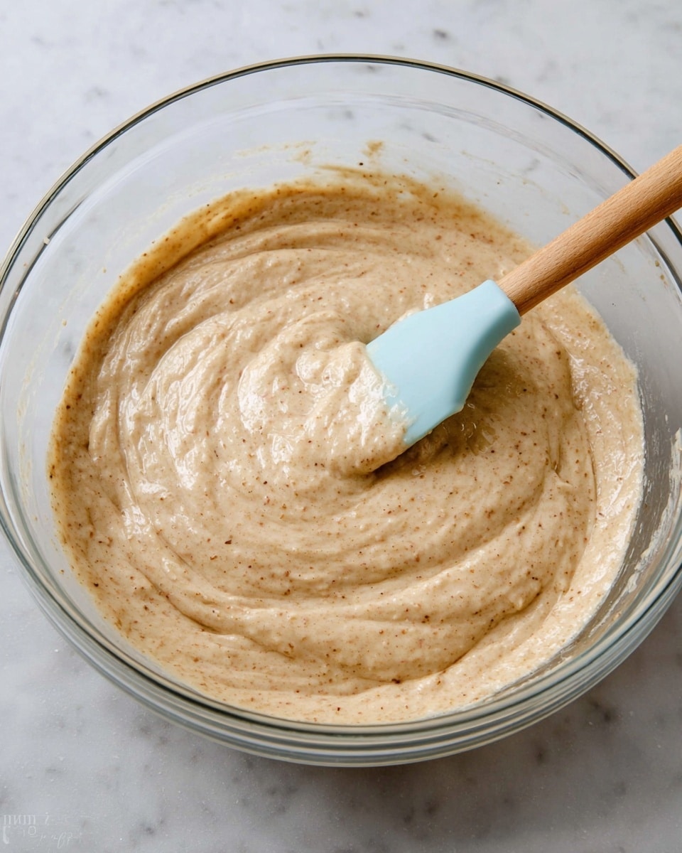 A clear glass bowl holds a thick, light beige batter mixed evenly with tiny specks of darker brown spices or ingredients. The batter fills about half of the bowl and has a smooth, creamy texture with some small air pockets showing. A light blue spatula with a wooden handle is partly dipped in the batter on the right side, lifting some of it and causing gentle folds and swirls in the mixture. The bowl sits on a white marbled surface. photo taken with an iphone --ar 4:5 --v 7