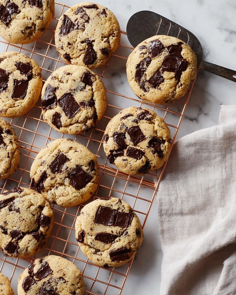 Twelve round cookies with a light golden-brown color and large, uneven dark brown chocolate chunks scattered across their surfaces are placed on a copper wire cooling rack. The cookies have a soft, slightly textured appearance with some cracks and the chocolate pieces partially melted into the dough. One cookie is held on a metal spatula above the white marbled surface, next to a soft, light-colored cloth. The photo taken with an iphone --ar 4:5 --v 7