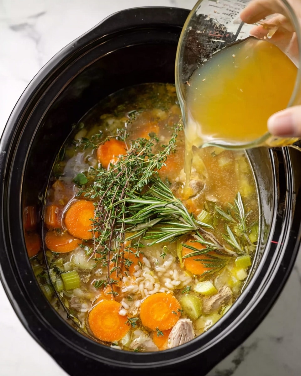 The image shows a black slow cooker filled with a broth soup that has visible layers of orange carrot slices, light green celery pieces, white grains, and small bits of light-colored meat floating in a golden-yellow liquid. In the center, there are fresh green herbs like rosemary and thyme resting on top of the ingredients. From the right side, a clear measuring cup pours more golden-yellow broth into the cooker. The cooker is placed on a white marbled surface, and a woman's hand gently holds the measuring cup. Photo taken with an iphone --ar 4:5 --v 7