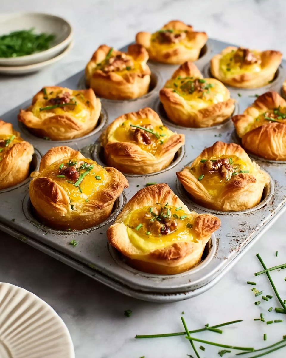 The image shows a silver metal muffin tray holding twelve baked pastry cups. Each cup has a golden-brown crust that is puffed up and slightly crinkled around the edges. Inside each pastry cup, there is a smooth, glossy yellow filling topped with small pieces of chopped pecans and fresh green chives. The tray is placed on a white marbled surface, with scattered chive pieces around it, and a white plate with ridges partially visible to the side. The overall look is warm, fresh, and inviting, with a soft natural light highlighting the texture and colors of the pastries. photo taken with an iphone --ar 4:5 --v 7
