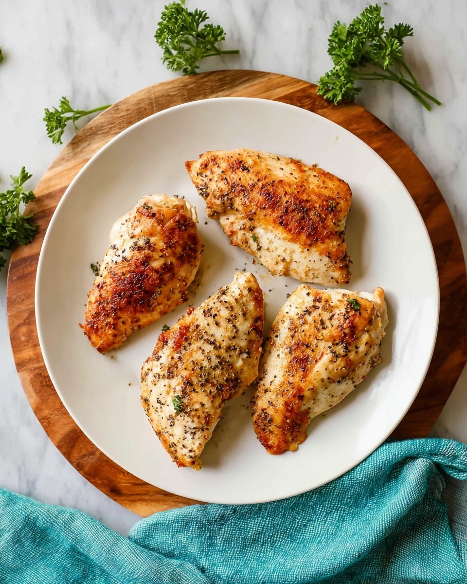 A white plate holds four pieces of cooked chicken with a light brown, slightly crispy texture and sprinkled black pepper on top. The pieces are uneven in shape, arranged with two near the top edge and two near the bottom edge of the plate. The plate rests on a wooden board covered partly by a folded teal cloth. The background is a white marbled surface, decorated with a few green parsley sprigs near the top edges of the image. Photo taken with an iphone --ar 4:5 --v 7