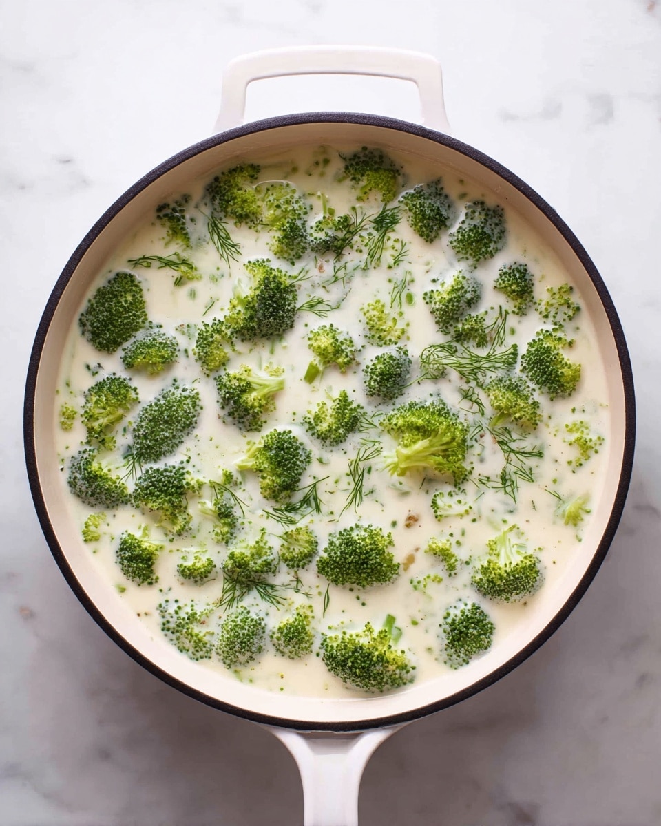 A large white pan with a black rim is filled with a creamy white liquid base, evenly spotted with small to medium sized bright green broccoli florets scattered throughout the entire surface. The creamy liquid has a smooth texture with tiny bubbles around the broccoli. The pan has a white handle visible at the bottom, resting on a white marbled surface. photo taken with an iphone --ar 4:5 --v 7