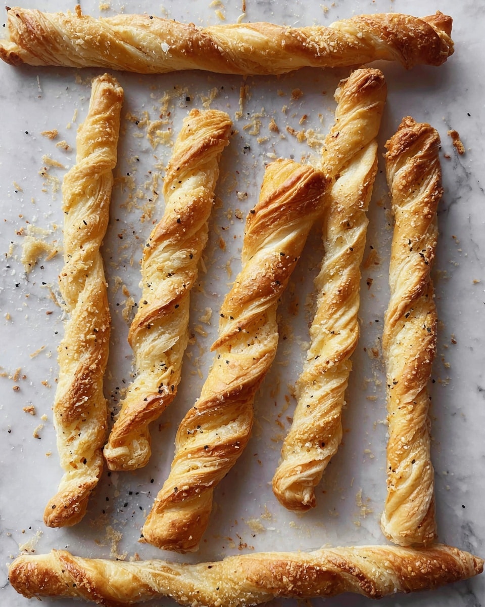Six long twisted sticks of baked puff pastry rest side by side on a white marbled textured surface. The pastries are golden brown with flaky, layered textures visible along their twists. Small bits of sprinkled cheese and coarse seasoning dot the surface, adding tiny specks of light yellow and black. The edges of some pieces are slightly darker, showing a crisp finish, while crumbs and flecks of cheese are scattered around them. Photo taken with an iphone --ar 4:5 --v 7