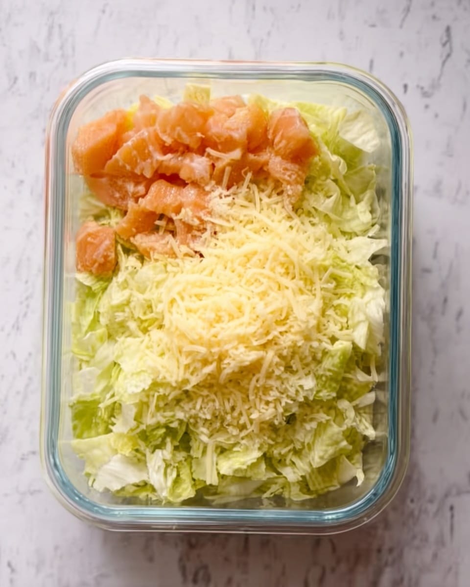 The image shows a clear glass container filled with three main layers. At the bottom is a bed of shredded pale green lettuce, covering the whole base. On top of the lettuce, to the left side, are small pieces of raw pinkish-orange salmon, neatly spread out. Above the salmon and lettuce, on the right side, is a pile of finely grated light yellow cheese, almost covering the top part of the lettuce. The container sits on a white marbled surface. Photo taken with an iphone --ar 4:5 --v 7