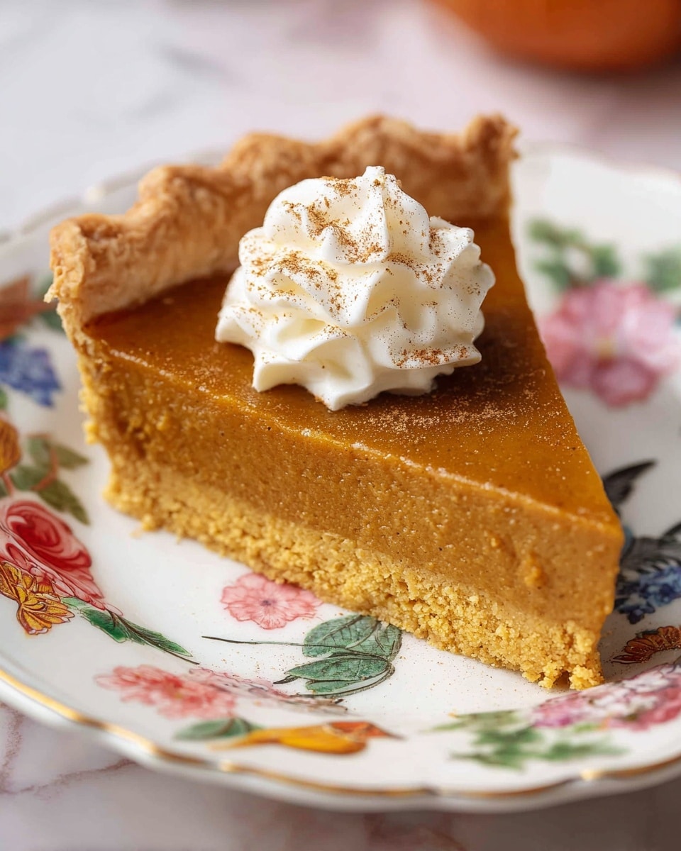 A round pumpkin pie with one slice removed shows a smooth, orange-brown filling with a slightly shiny surface. It has a thick, golden-brown crust with a crimped edge that is textured and flaky. The pie sits on a clear glass plate placed on a white marbled surface with a light pink cloth and small decorative pumpkins nearby. The slice removed reveals two layers: the creamy filling and the firm crust underneath. photo taken with an iphone --ar 4:5 --v 7