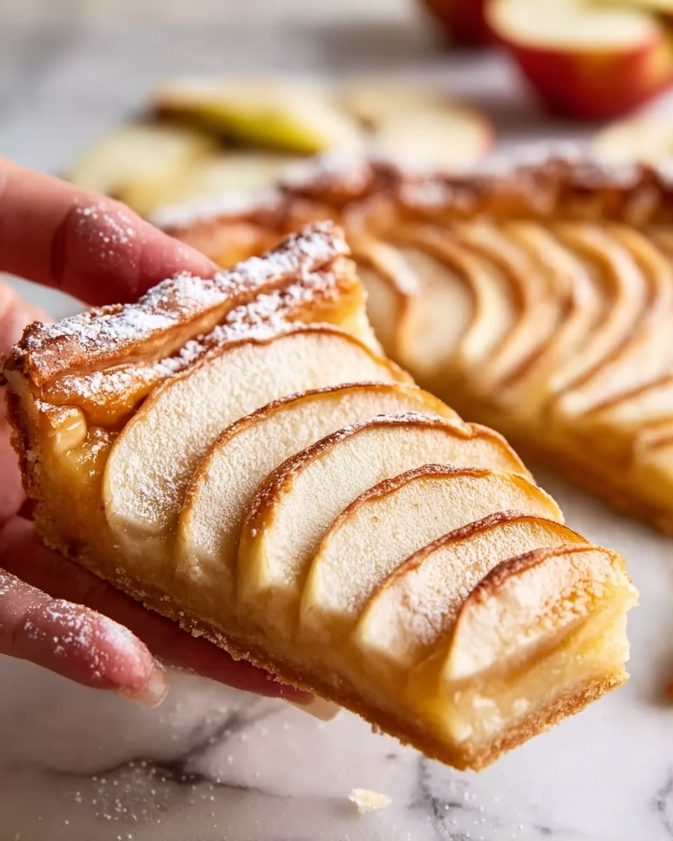 A slice of apple tart held by a woman's hand shows multiple thin, overlapping apple slices arranged in a neat row on top of a golden, crispy pastry crust. The apple slices have a soft white color with a light glaze that makes them slightly shiny. The crust is thick and flaky with a golden brown color and a light dusting of powdered sugar on top. The background features a white marbled texture with more apple tart pieces and partially sliced apples softly blurred in the back. Photo taken with an iphone --ar 4:5 --v 7