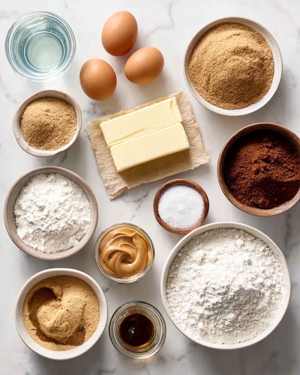 The image shows various ingredients neatly arranged on a white marbled surface. There are two sticks of butter on a small piece of paper in the middle, surrounded by bowls and jars with different contents. From left to right, you see three whole eggs, a bowl of flour, a large bowl of brown sugar, a small bowl of white cream, a small plate of salt, and a small bowl of cinnamon powder. In front of the butter, there is a small bowl of peanut butter, a small bottle of vanilla extract, a bowl of cocoa powder, a jar of baking soda, and a large white bowl filled with powdered sugar. A glass of water is also visible on the top left side. The arrangement is clean and organized, with each ingredient distinctly separate. Photo taken with an iphone --ar 4:5 --v 7
