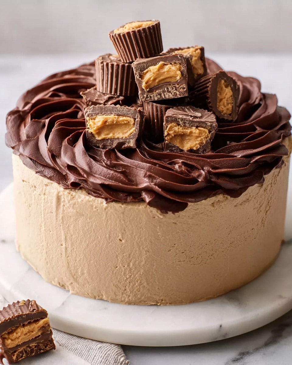 A round cake with three layers covered in smooth light brown frosting on the sides. The top layer has a thick, glossy dark brown chocolate frosting spread in swirls. On top of the cake, there are many pieces of chocolate peanut butter cups, stacked in the center, some whole and some cut to show their inside layers of chocolate and peanut butter. The cake sits on a white marbled surface. Photo taken with an iphone --ar 4:5 --v 7