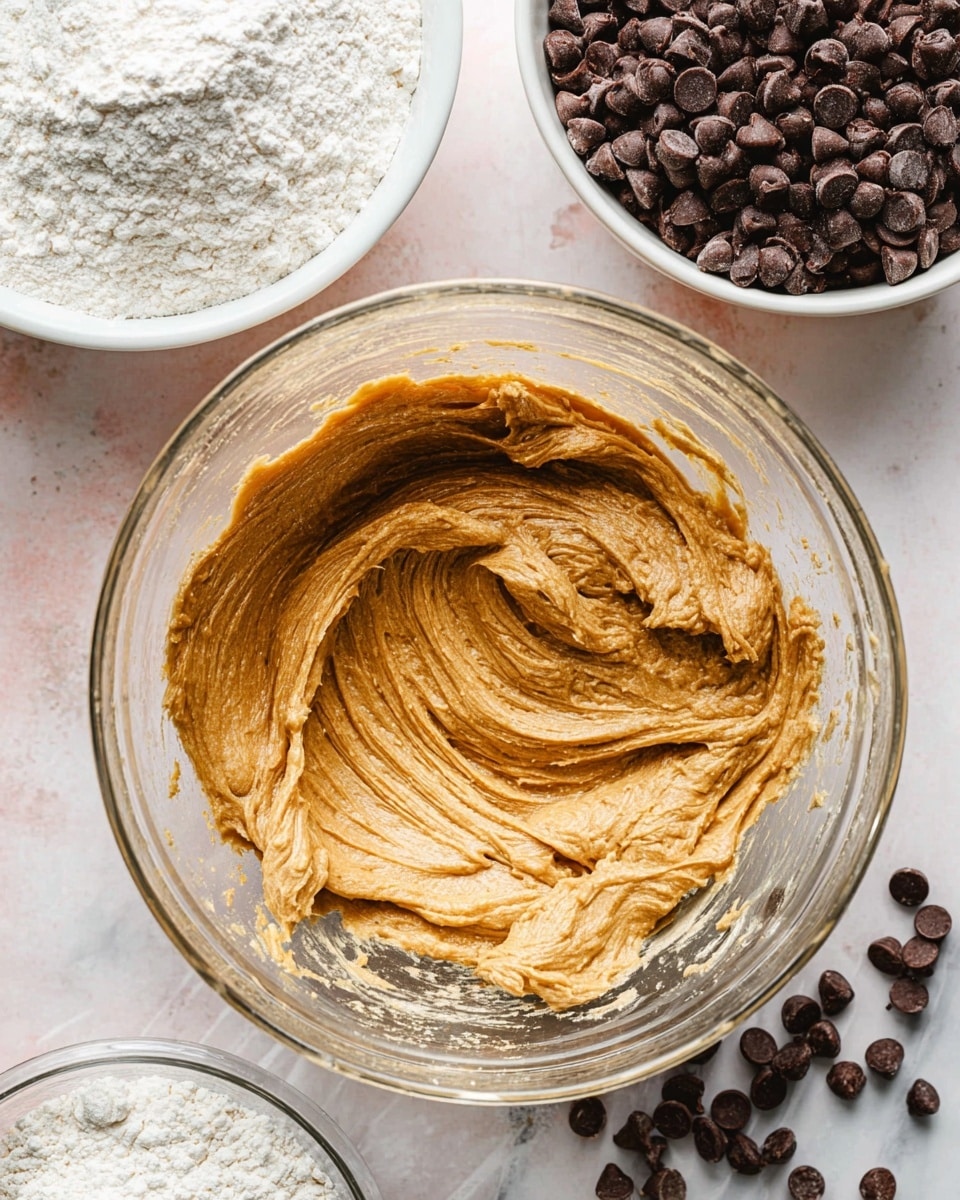 A clear glass mixing bowl contains a thick, light brown dough with swirling textures, showing a smooth and creamy consistency. Above it, there is a white bowl filled with many dark brown chocolate chips, some scattered around it on the surface. Below, a white bowl holds a mound of white powdery flour. The entire scene is set on a white marbled textured surface. photo taken with an iphone --ar 4:5 --v 7