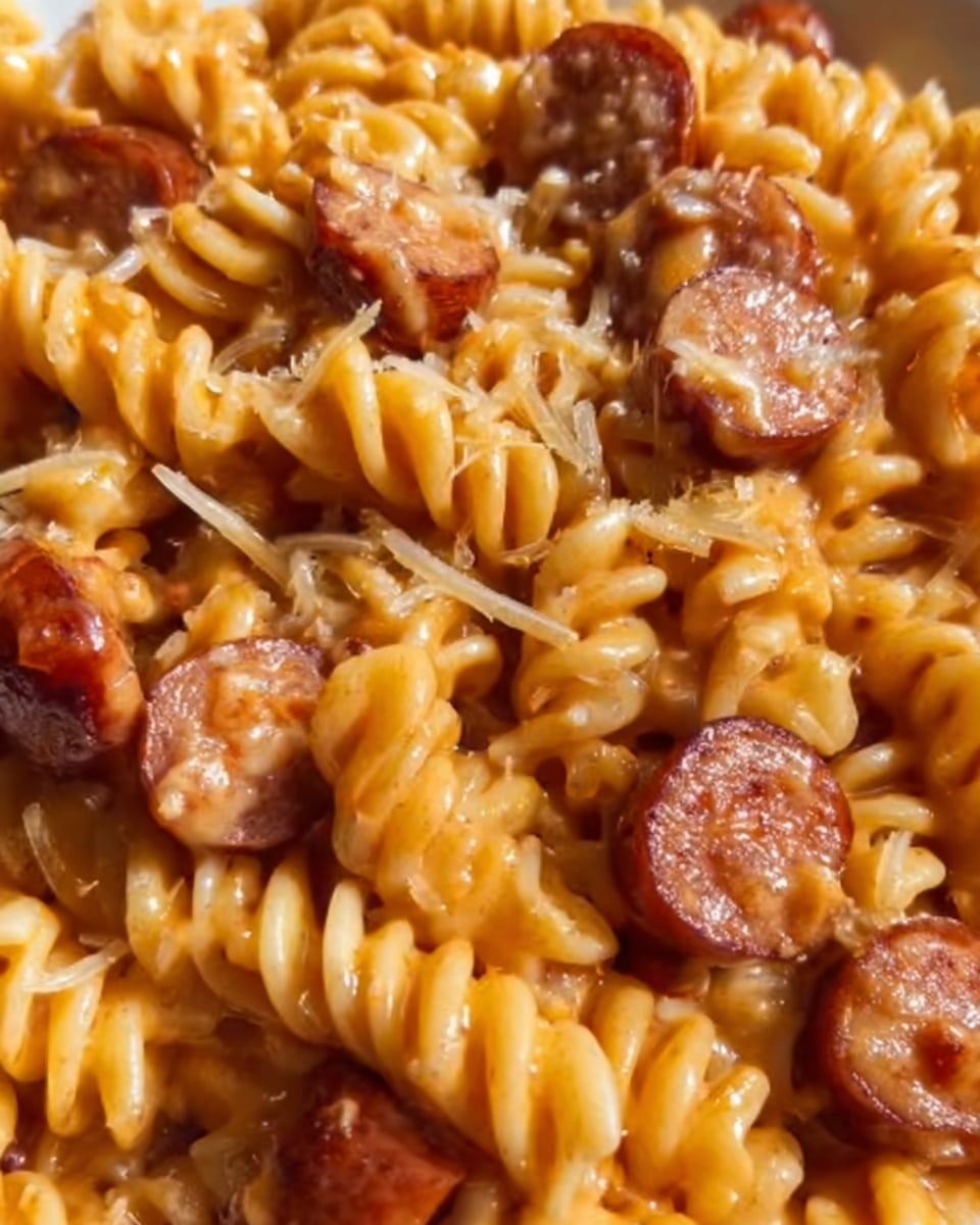 The image shows a close-up of a pan filled with rotini pasta coated in a rich, orange-red sauce. Scattered evenly among the pasta are small, round sausage pieces with a dark, slightly crispy texture. The pasta spirals have a smooth, glossy surface with sauce clinging well to each piece. The pan's edges are dark, framing the food in the center, with the white marbled background just barely visible around it. The lighting highlights the shiny, saucy texture of both the pasta and sausage, creating a warm and appetizing look. photo taken with an iphone --ar 4:5 --v 7