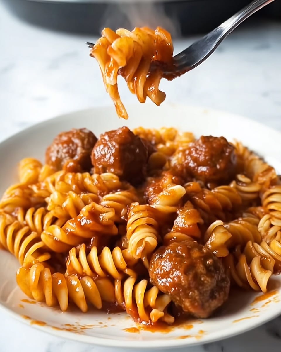 A close-up shows a white plate filled with rotini pasta mixed with brown meatballs covered in red tomato sauce, some sauce smeared on the plate. A black fork held by a woman's hand lifts a portion of pasta and a meatball above the plate, the pasta shiny and coated with sauce, and steam rising slightly in the background. The surface behind the plate is white marbled texture. photo taken with an iphone --ar 4:5 --v 7