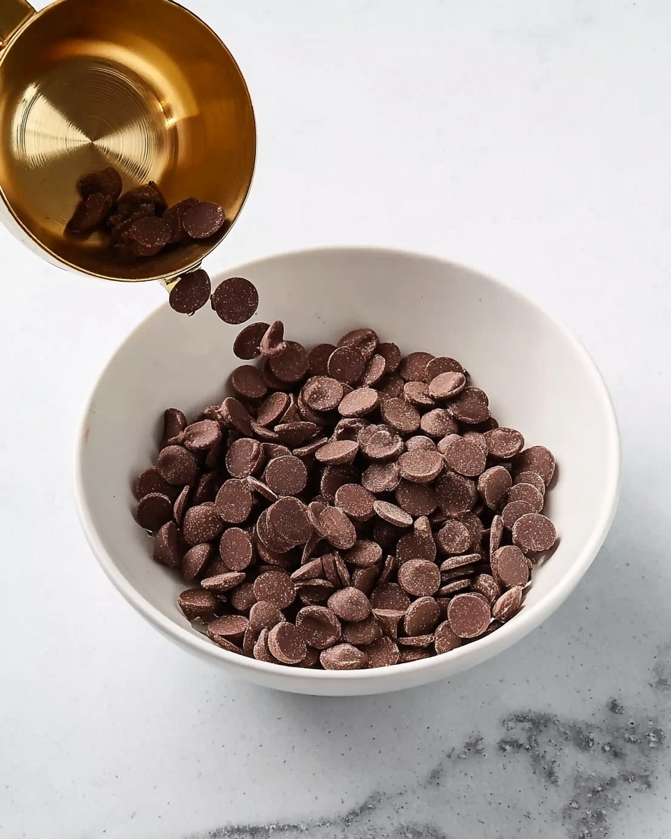 A white bowl sits on a white marbled surface, filled with one layer of small, round, dark brown chocolate pieces that have a smooth, slightly shiny texture. Above the bowl, a silver container is tilted as if something is about to be poured inside, with a woman's hand just visible holding it from the upper left side. The overall image shows a simple, clean setup highlighting the dark chocolate chips against the white bowl and marble background. photo taken with an iphone --ar 4:5 --v 7