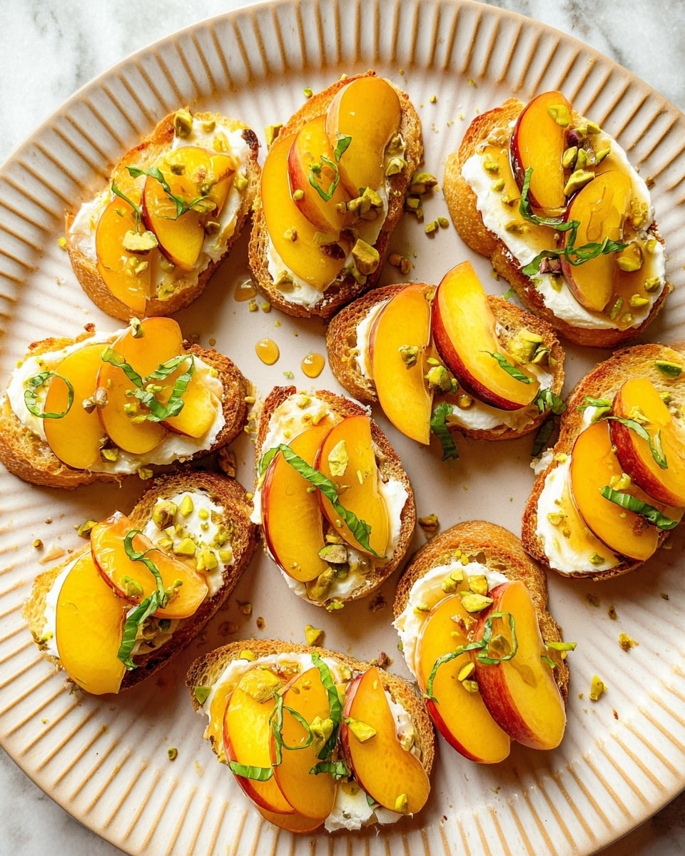 The dish shows a white textured oval plate with twelve small pieces of toasted bread arranged closely. Each toast has three layers: a base layer of golden brown toasted bread with a rough texture, a middle layer of smooth, white cream cheese spread evenly, and a top layer of thinly sliced yellow peaches with a shiny surface. The toasts are garnished with small green chopped pistachios and thin strips of fresh green basil scattered on top and around the plate. The plate is placed on a light beige surface with a few green garnish pieces scattered nearby, and two clear textured glasses partially filled with water sit at the top left corner. A small bowl with more pistachios is seen on the right side, and a blue cloth is at the bottom right corner. The overall scene has a warm, natural light feel. Photo taken with an iphone --ar 4:5 --v 7