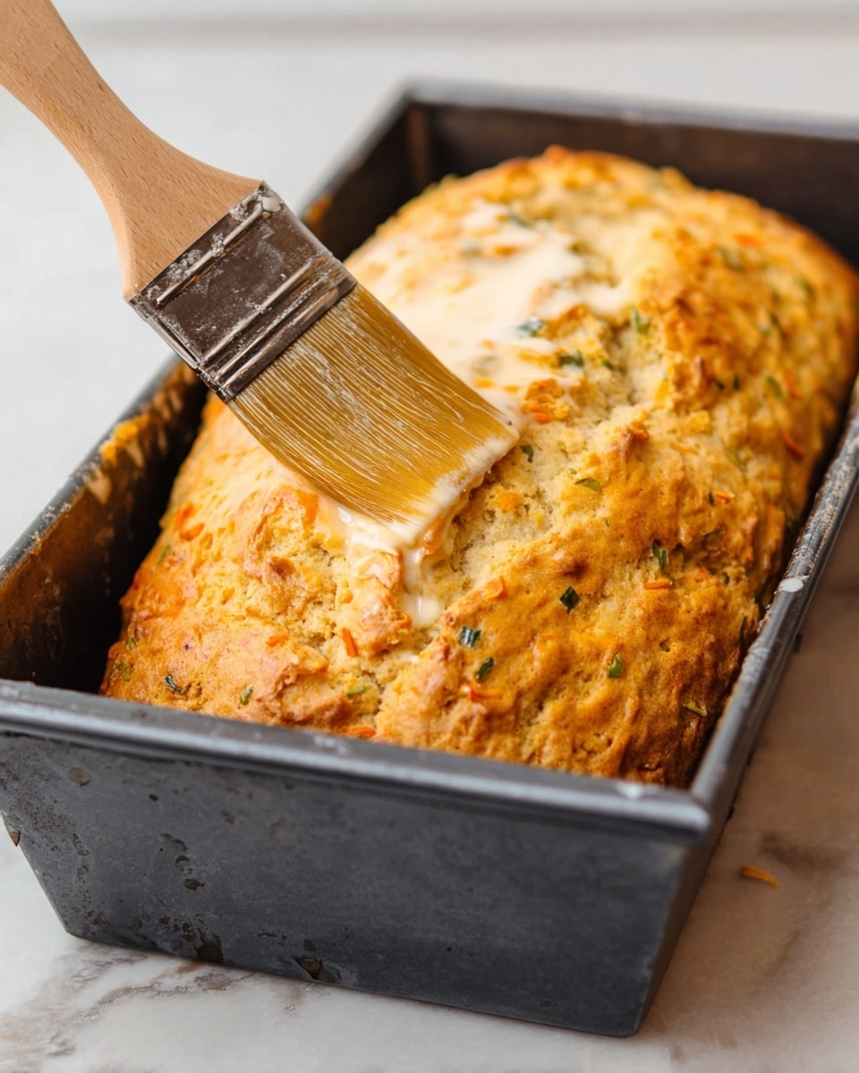 A close-up image shows a golden bread loaf in a dark metal baking pan on a white marbled surface. The bread has a textured, rough crust with slightly browned areas and some green and orange specks inside. A wooden-handled brush with light bristles is applying a shiny coat of melted butter or glaze on the top of the bread loaf. The scene is bright and clear. Photo taken with an iphone --ar 4:5 --v 7