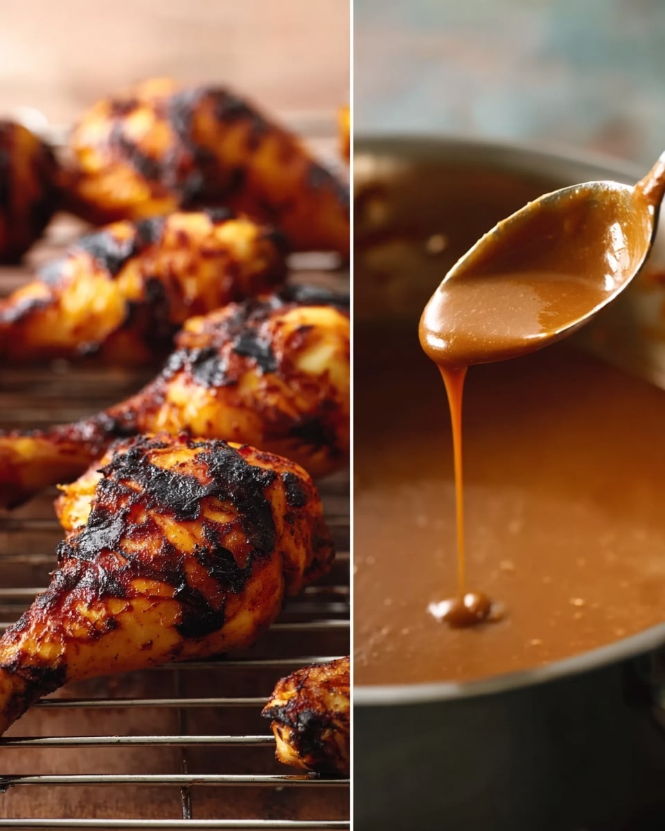 The image shows a close-up of several cooked drumsticks placed on a metal wire rack. The drumsticks have a dark golden brown color with charred spots, giving them a crispy texture. The background is slightly blurred but reveals more cooked drumsticks stacked behind the front ones. The second part of the image displays a saucepan filled with a smooth, brown sauce. A metal spoon is held above the pot, with the sauce slowly dripping from the spoon back into the pot. The background has a soft, neutral tone. The overall feel is warm and appetizing, focusing on the textures of the drumsticks and the glossy sauce. photo taken with an iphone --ar 4:5 --v 7
