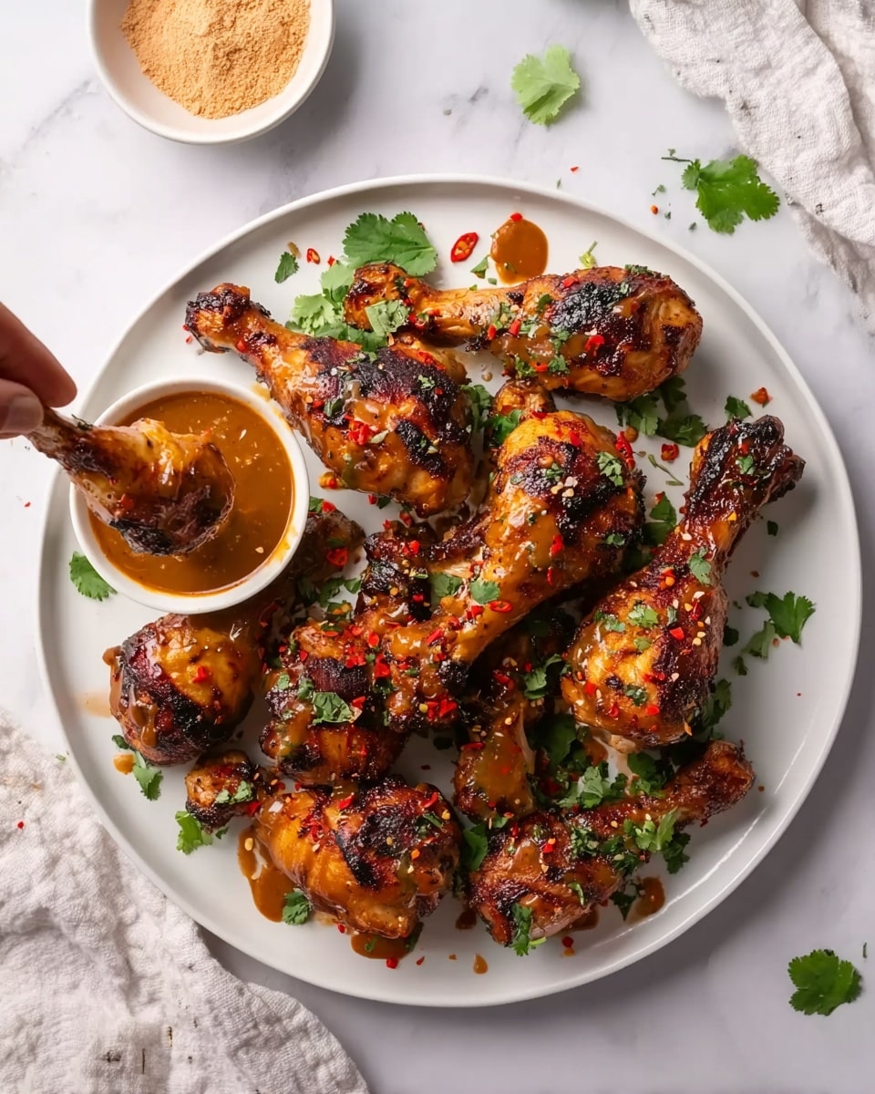 The image shows a white round plate filled with nine grilled chicken drumsticks, arranged in a slightly messy way. The drumsticks have a shiny, dark brown grilled texture with some charred marks and are topped with bright red chili flakes and small green cilantro leaves scattered on and around them. There are thick brown sauce drizzles on the drumsticks and on the plate. On the top left of the image, there is a small white bowl with a light brown powder and a draped white cloth under the plate. The background surface is white marble. A woman's hand is holding one drumstick dipped in the brown sauce in a small white bowl placed to the left side of the plate. Photo taken with an iphone --ar 4:5 --v 7
