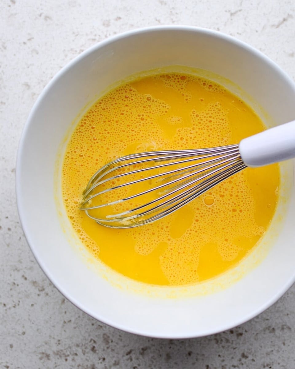 A white bowl holds a layer of bright yellow beaten egg mix with small bubbles on the surface, showing the smooth texture and slight fizziness. A metal whisk with thin wires and a white handle is placed inside the bowl, resting diagonally across the egg mixture. The bowl sits on a white marbled surface with soft natural lighting highlighting the vibrant yellow color of the eggs. photo taken with an iphone --ar 4:5 --v 7