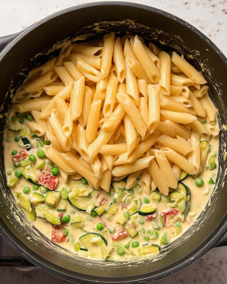 Inside a black pot on a white marbled surface, there is a thick layer of cooked penne pasta with a pale yellow color, placed on top of a creamy sauce with visible pieces of green peas, sliced zucchini, chopped leeks, and small red tomato parts. The sauce has a smooth texture and a light cream color mixed with green vegetable bits. The vegetables and sauce form the bottom layer while the pasta is piled neatly above it. Photo taken with an iphone --ar 4:5 --v 7