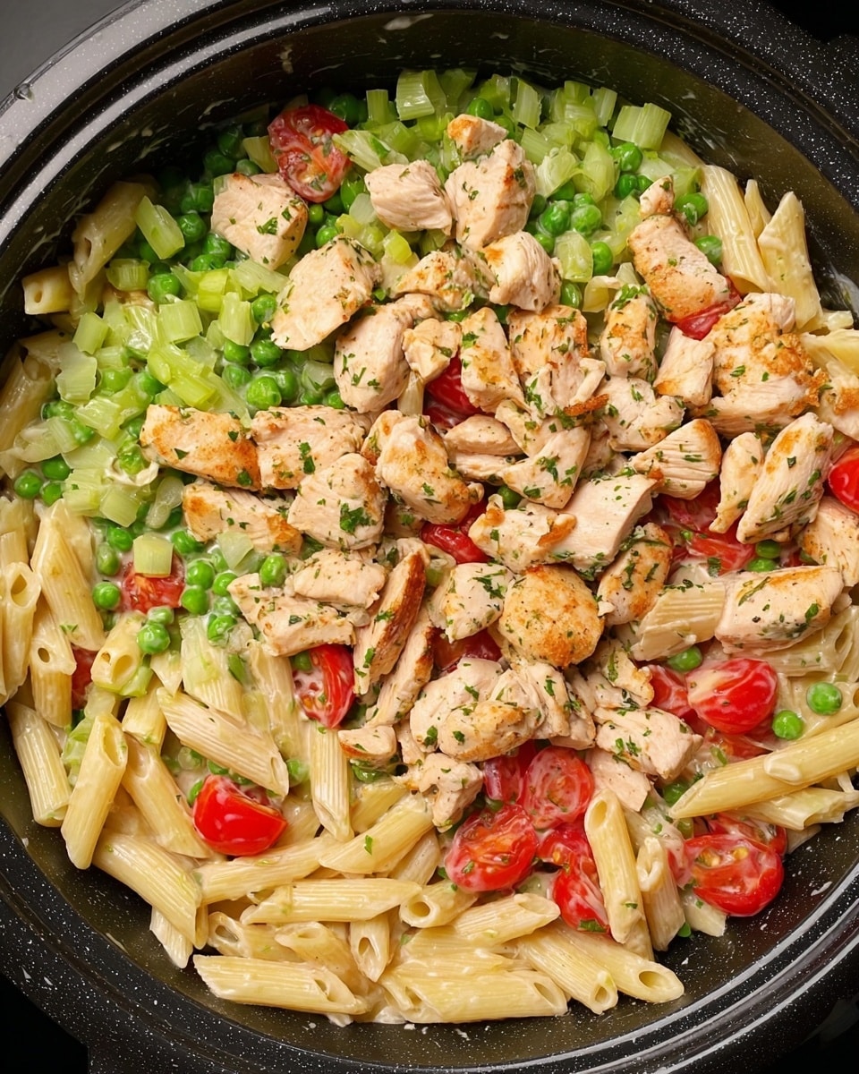 The dish is in a black pot, showing three clear layers. The bottom layer has light beige penne pasta mixed with small green peas, pieces of green onions, and halved red cherry tomatoes, all spread evenly. The middle layer consists of light green chopped vegetables more densely packed around the pasta and peas. The top layer features many chunks of light brown cooked chicken pieces, scattered mostly in the center. The overall look is colorful with cream, green, and red tones, and some herbs are visible on the chicken pieces. Photo taken with an iphone --ar 4:5 --v 7