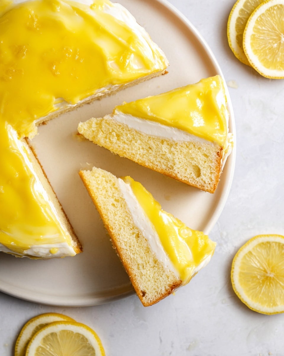 The image shows a white round plate with several slices of yellow cake with a light and soft texture. Each slice has three layers: the bottom type of cake layer, a thick middle creamy white layer, and a glossy bright yellow topping that looks like a lemon glaze spread unevenly on top. The cake slices are arranged so one slice is placed away from the others, showing the inner texture. Around the plate on a white marbled surface are slices of fresh lemon adding a fresh and bright touch to the scene. photo taken with an iphone --ar 4:5 --v 7