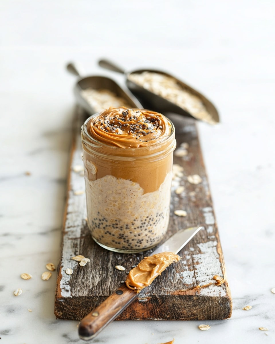 A clear glass jar filled with three visible layers: a thick light brown peanut butter layer at the bottom, a creamy beige oatmeal mixture in the middle with small dark chia seeds mixed in, and a top layer with a swirl of peanut butter and scattered chia seeds. Behind the jar there are metal measuring scoops filled with oats and chia seeds on a long, rustic wooden board, which lies on a white marbled surface. In front of the jar, a knife with a wooden handle rests on the board with peanut butter spread on its blade. Photo taken with an iphone --ar 4:5 --v 7