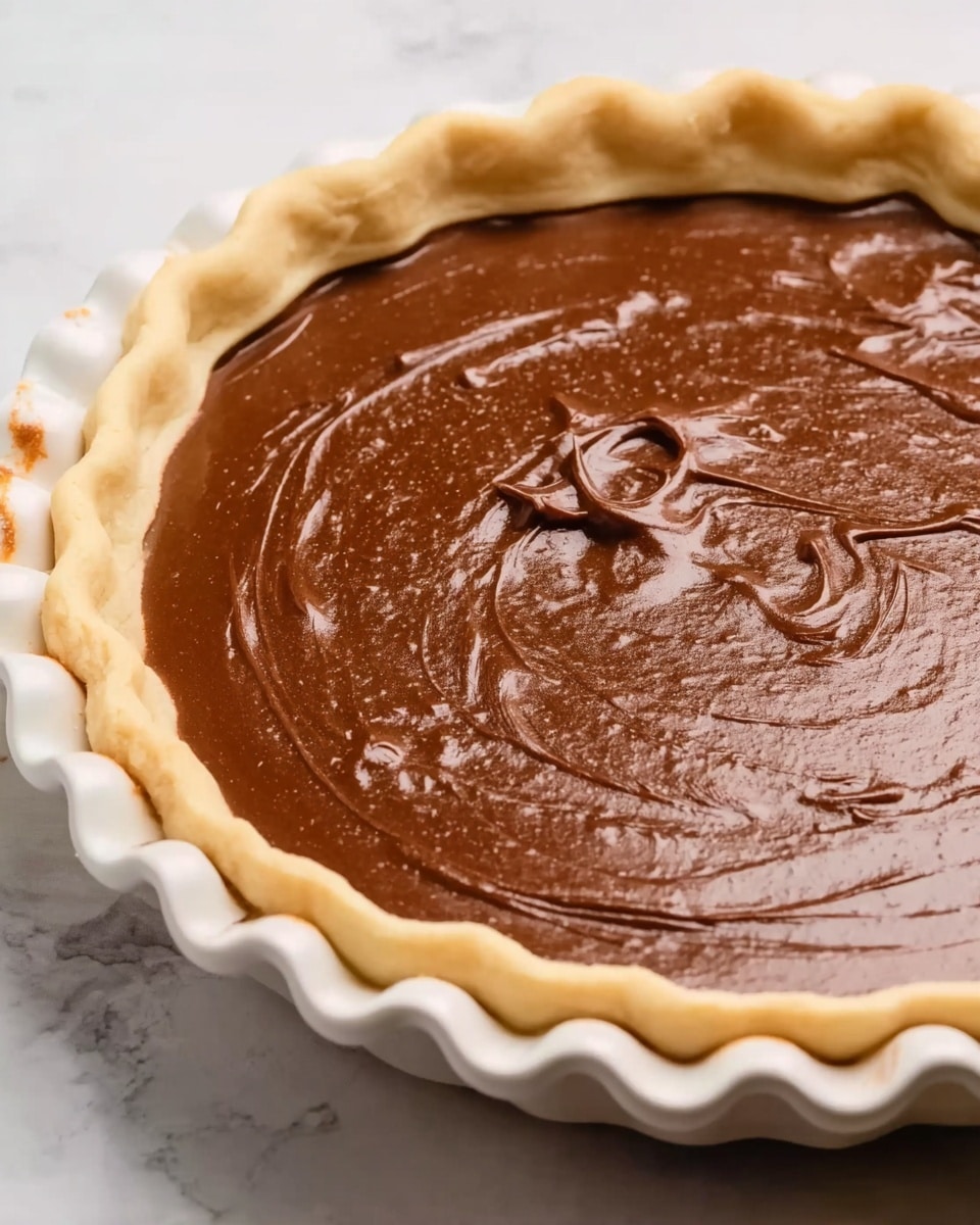 The image shows a close-up of a round pie in a fluted white pie dish sitting on a white marbled surface. The pie has a smooth, shiny chocolate filling that fills the crust up to the edges, with some gentle swirls and textures visible on the surface of the chocolate. The pie crust is light beige with a crimped edge that forms a wave pattern all around. photo taken with an iphone --ar 4:5 --v 7