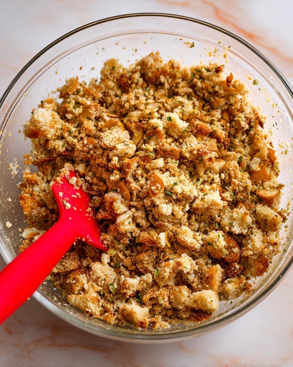 A clear glass bowl filled with a crumbly mixture of toasted bread pieces and herbs, showing shades of light brown, golden, and small green specks. A red silicone spatula is partially buried in the mixture on the left side of the bowl, with crumbs clinging to it. The bowl sits on a white marbled surface with soft natural light highlighting the varied texture of the mixture photo taken with an iphone --ar 4:5 --v 7