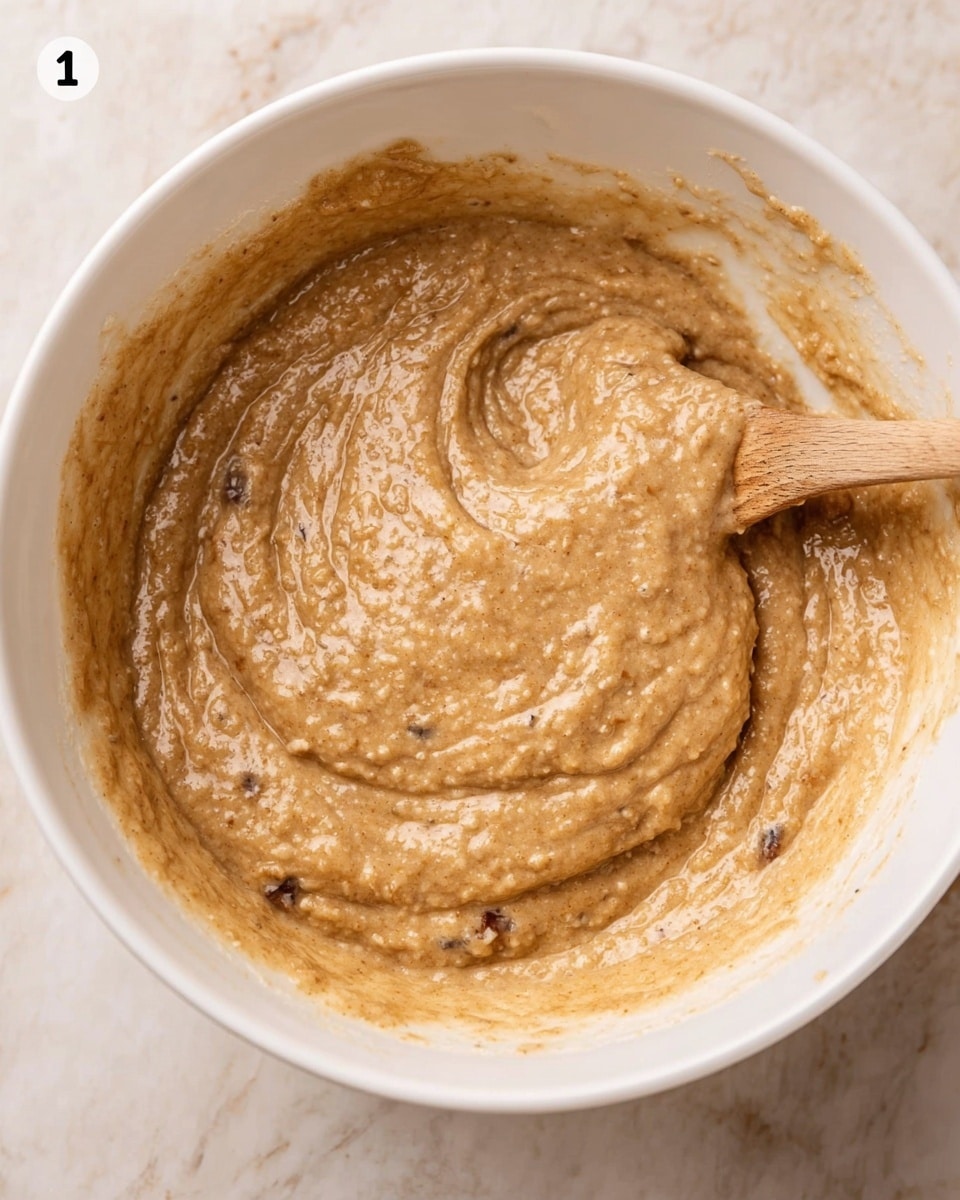 A white bowl holds thick, light brown batter with a slightly lumpy texture, showing small bits of darker ingredients like raisins or nuts mixed inside. A wooden spoon is partially visible on the right side, moving through the batter, creating soft ridges and swirls on the surface. The bowl sits on a white marbled textured surface. photo taken with an iphone --ar 4:5 --v 7