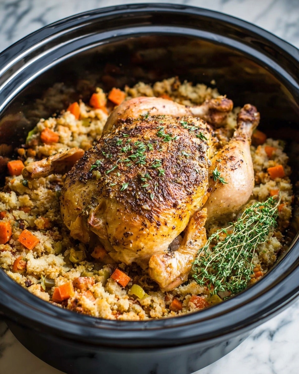 A black oval dish holds a roasted whole chicken with a golden-brown skin covered in dark green dried herbs, positioned in the center. Surrounding the chicken is a layer of cooked stuffing made of small chunks of bread mixed with diced orange carrots, light green celery, and bits of white onion. There are two visible cooked chicken legs with a lightly browned skin on opposite sides of the chicken. A few fresh green thyme sprigs sit on top and to the side of the stuffing. The dish rests on a white marbled surface with a wooden spatula and a green cloth nearby. Photo taken with an iphone --ar 4:5 --v 7
