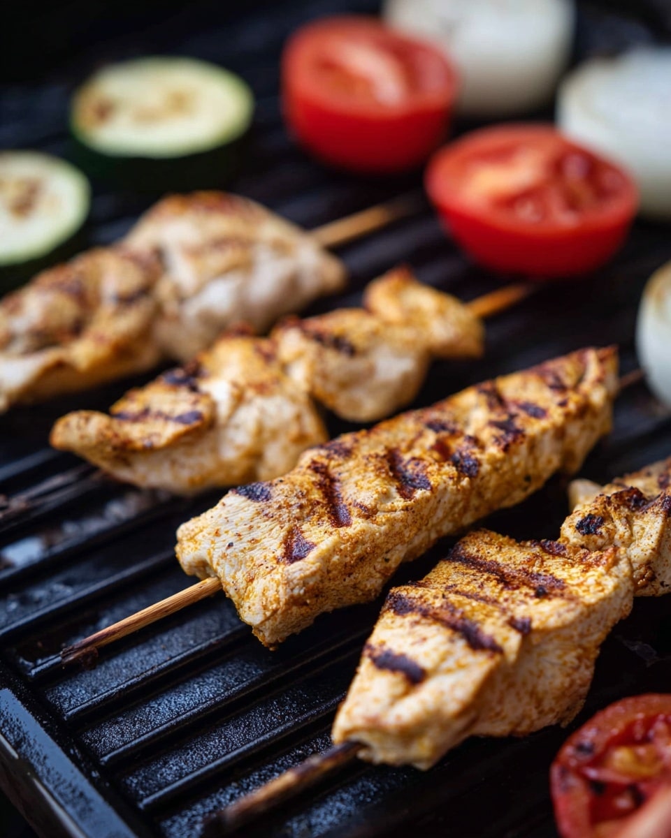 The image shows several pieces of grilled light golden chicken on wooden skewers placed on a black grill with clear grill marks. Beside the chicken, there are thick slices of white onion and red tomato halves, both also grilled with visible dark char lines. In the blurred background, a round slice of green zucchini is on the grill. The colors focus on the warm tan of the chicken, the white of the onion, and the bright red of the tomato against the black grill, all on a white marbled surface. Photo taken with an iphone --ar 4:5 --v 7