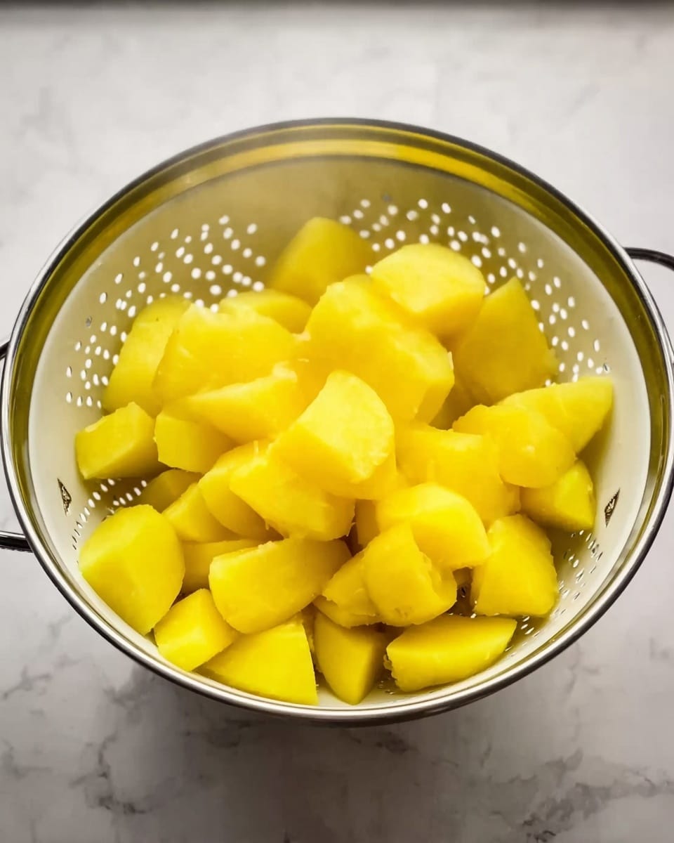 The image shows a white colander filled with bright yellow potato pieces that look soft and cooked. Steam rises from the potatoes, giving a warm feeling. The colander has small round holes and two small metal handles on the sides. The background is a white marbled surface, adding a clean and fresh look. photo taken with an iphone --ar 4:5 --v 7