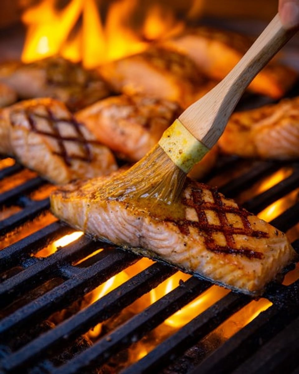 A close-up of a grill with several salmon fillets arranged on black grill grates over bright orange flames. One salmon fillet in the center is being brushed with a yellow sauce using a wooden-handled brush held by a woman's hand, showing grill marks in dark brown across the light pink and slightly opaque fish. The background shows more salmon pieces grilling, all with similar grill marks and a warm orange glow from the fire. The image is focused on the action of brushing the salmon on the grill, highlighting textures of the fish, grill, and flames. photo taken with an iphone --ar 4:5 --v 7