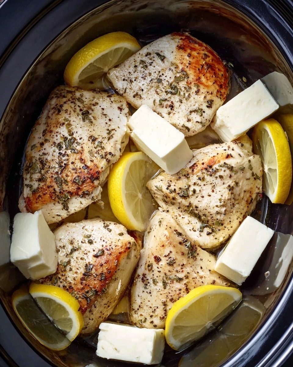 The image shows five cooked chicken pieces in a silver slow cooker pot, each piece seasoned with visible black pepper and herbs, and browned slightly on top. Scattered over and between the chicken are six lemon wedges, bright yellow with white pith, adding a fresh color contrast. On top of and beside the chicken are several white square or rectangular chunks of butter, soft with smooth edges, melting slightly from the heat. The shiny metallic interior of the pot reflects light and the food inside. The photo taken with an iphone --ar 4:5 --v 7