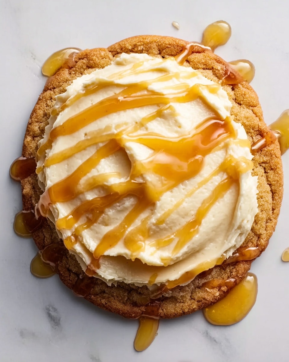A single large golden-brown cookie with a slightly rough texture forms the base layer, topped with a thick, smooth swirl of creamy off-white frosting that covers the entire cookie. Over the frosting, shiny golden syrup is drizzled generously in random patterns, with some syrup dripping over the edges and onto the white marbled surface below. The photo is taken from above, showing the details of the cookie, frosting, and syrup clearly, photo taken with an iphone --ar 4:5 --v 7