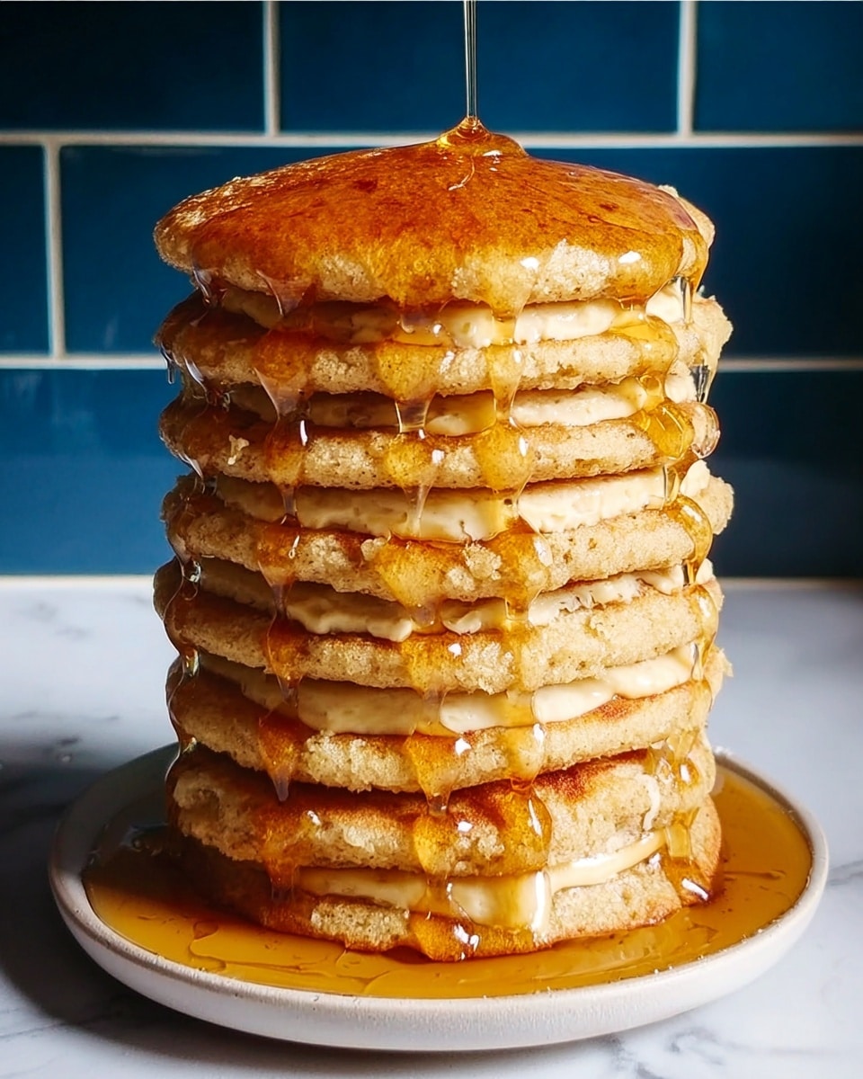 A tall stack of seven thick, golden brown pancakes with a slightly rough texture, each separated by a light beige creamy layer that looks smooth and soft; amber honey syrup is dripping heavily from the top, running down the sides and pooling at the base on a white plate, all set against a white marbled surface and dark blue tiled background. Photo taken with an iphone --ar 4:5 --v 7