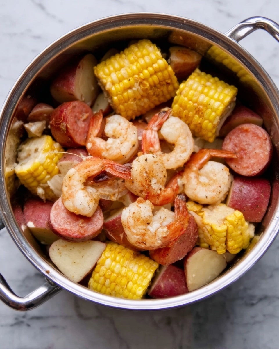 The image shows a metal pot filled with a colorful mix of food layers. At the bottom and throughout the pot, there are large pieces of red-skinned potatoes with a smooth texture. Mixed with the potatoes are thick slices of reddish sausage, adding a solid, dense layer. Bright yellow corn pieces with kernels facing up are placed evenly around the pot, showcasing their rough texture. On top of everything, several pink and white cooked shrimp are layered, their curled bodies and detailed shells adding a lively touch. The pot sits on a white marbled surface. photo taken with an iphone --ar 4:5 --v 7