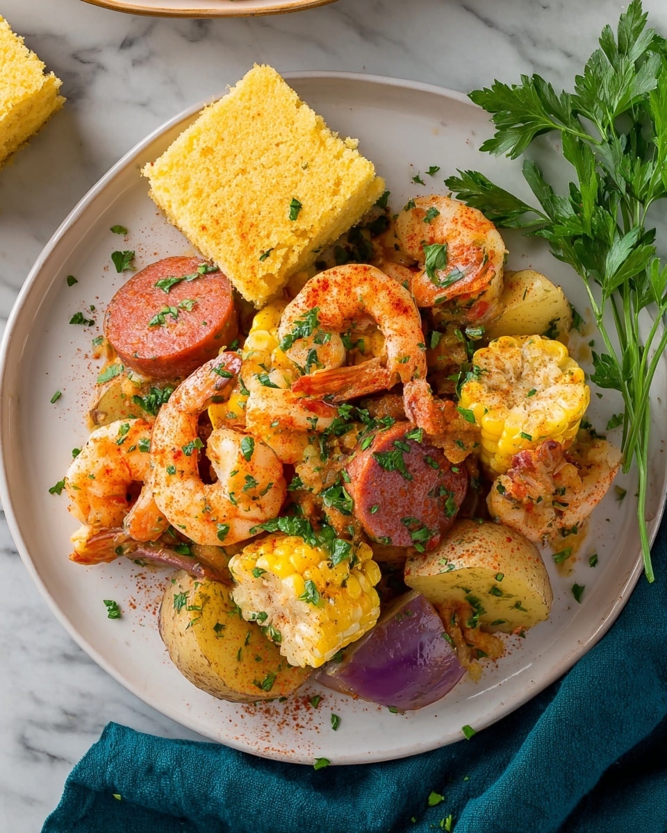 A white plate holds a dish with several layers: at the top left, a square piece of golden cornbread with a crumbly texture; below it, thick slices of reddish sausage mixed with orange shrimp that have a slight char, draped over and around yellow corn on the cob pieces cut into rounds; there are also quartered potatoes with a light golden skin and a few chunks of purple onion scattered among the ingredients. The whole dish is sprinkled with chopped green parsley and light red seasoning powder. A sprig of fresh parsley rests on the right edge of the plate, which sits on a white marbled surface with a dark teal cloth partially visible at the bottom left. Photo taken with an iphone --ar 4:5 --v 7