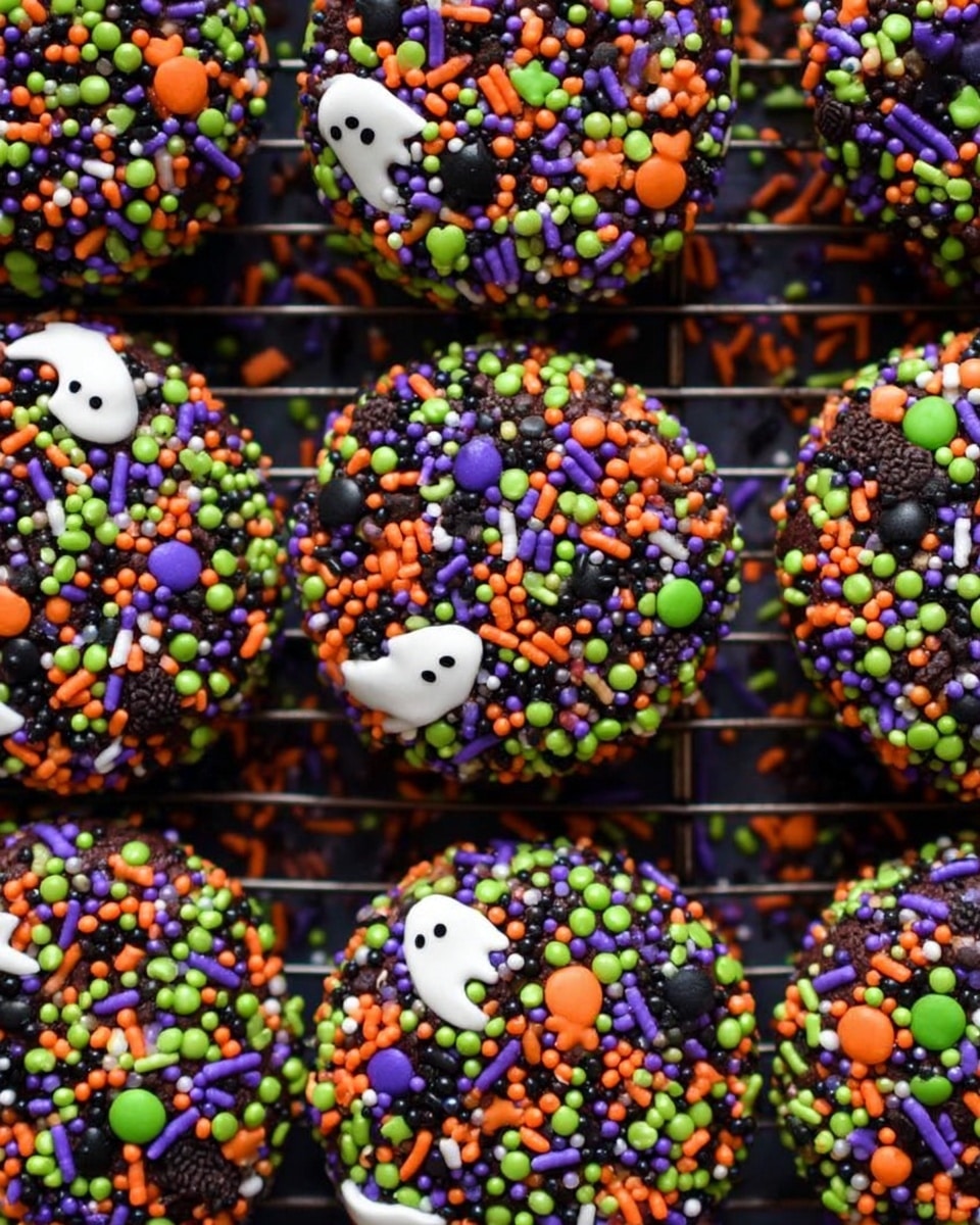The image shows a close-up view of round chocolate cookies covered in colorful Halloween-themed sprinkles. Each cookie appears fully coated in layers of small round and rod-shaped sprinkles in bright orange, green, purple, black, and white, some shaped like little white ghosts. The cookies are arranged closely on a metal cooling rack with dark grid lines visible between them. The background is not clearly visible but appears dark, emphasizing the bright colors of the sprinkles on the cookies. photo taken with an iphone --ar 4:5 --v 7