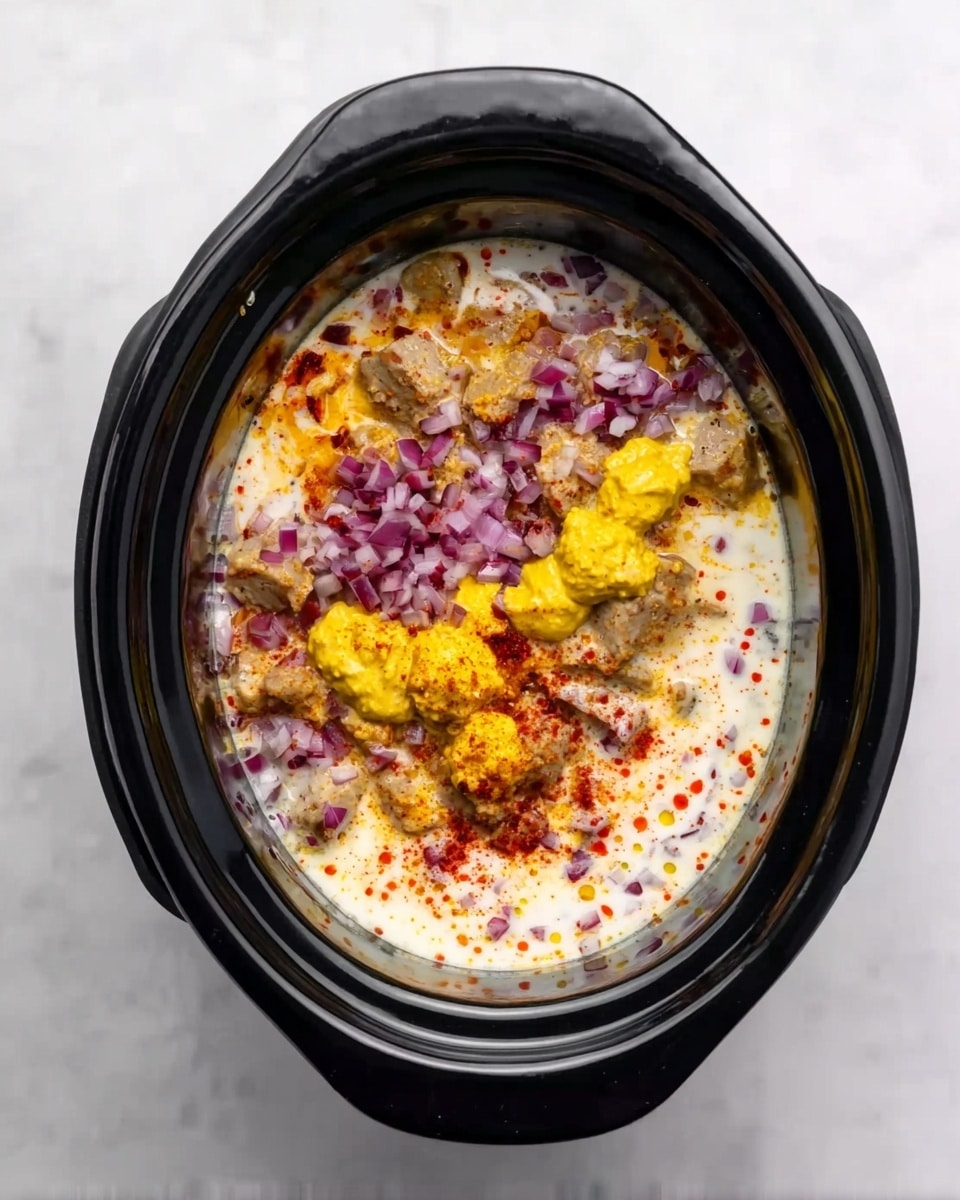 The image shows a black slow cooker filled with several layers of ingredients. At the bottom, there is a white creamy sauce with red and yellow specks. On top of the sauce, there are bright yellow dollops of mustard, scattered chopped red onions, and small pieces of light brown cooked meat. There are also some orange and red spices sprinkled over the top. The slow cooker is placed on a white marbled surface. Photo taken with an iphone --ar 4:5 --v 7