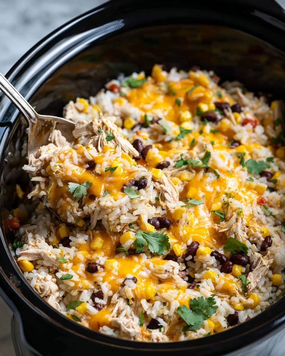 The image shows a close-up of a spoon lifting a mix of shredded chicken, melted yellow cheese, corn kernels, black beans, and small bits of red pepper from a white shallow bowl. The mixture rests on a bed of cooked white rice with visible individual grains. Fresh green cilantro leaves are sprinkled on top of the dish for color contrast. In the background, a slice of green lime is partially visible on the edge of the bowl. The surface underneath is white marble, adding a clean and bright feel to the scene. Photo taken with an iphone --ar 4:5 --v 7