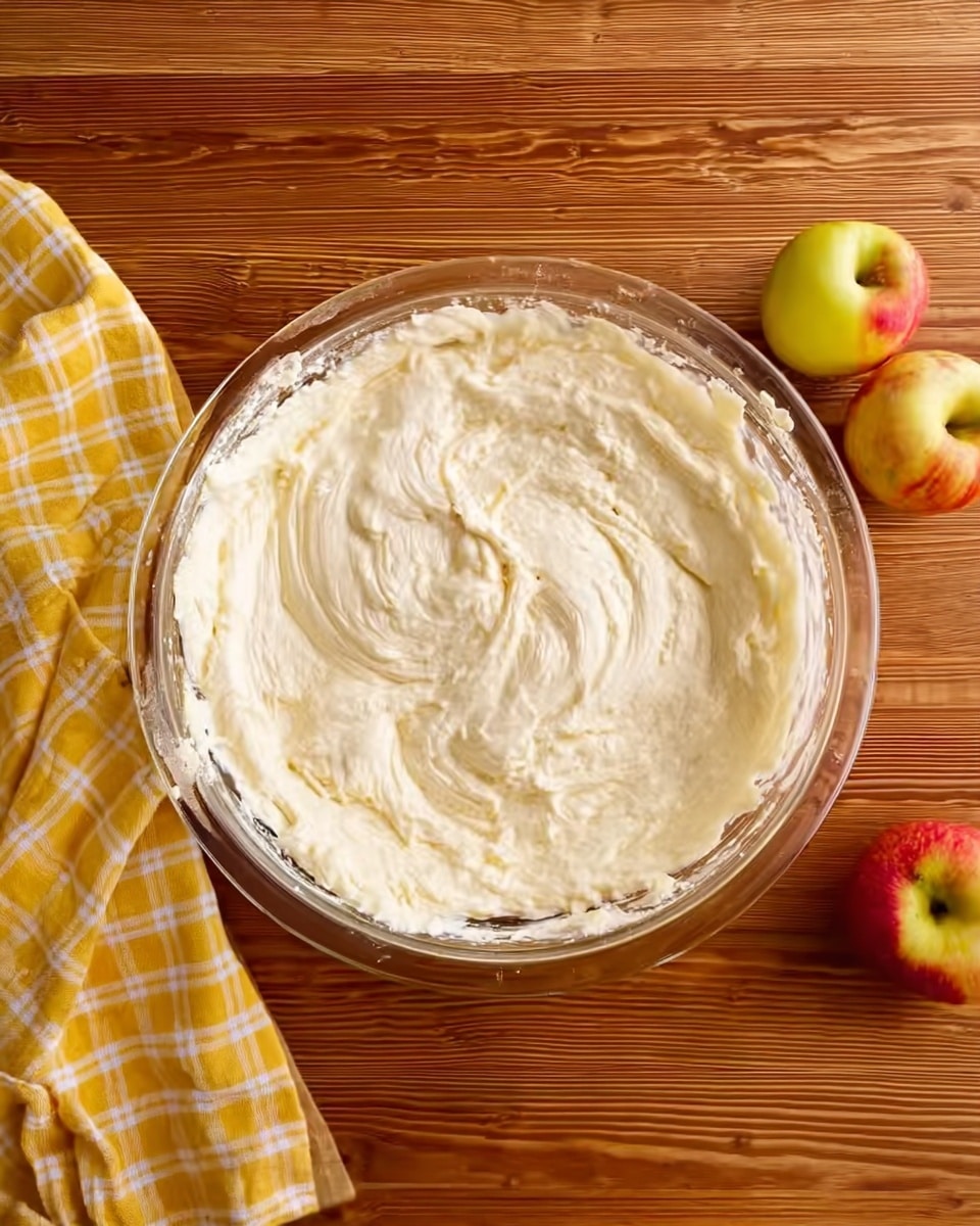 A large clear glass bowl filled with a thick, creamy white dough mixture with some swirl marks on the surface. The bowl is placed on a wooden table surface with a visible wood grain pattern. To the left of the bowl, there is a yellow and white checkered kitchen towel with two red and yellow apples near it, and one more apple is to the right of the bowl. The background and surface are a warm wood texture contrasting with the bright elements. Photo taken with an iphone --ar 4:5 --v 7