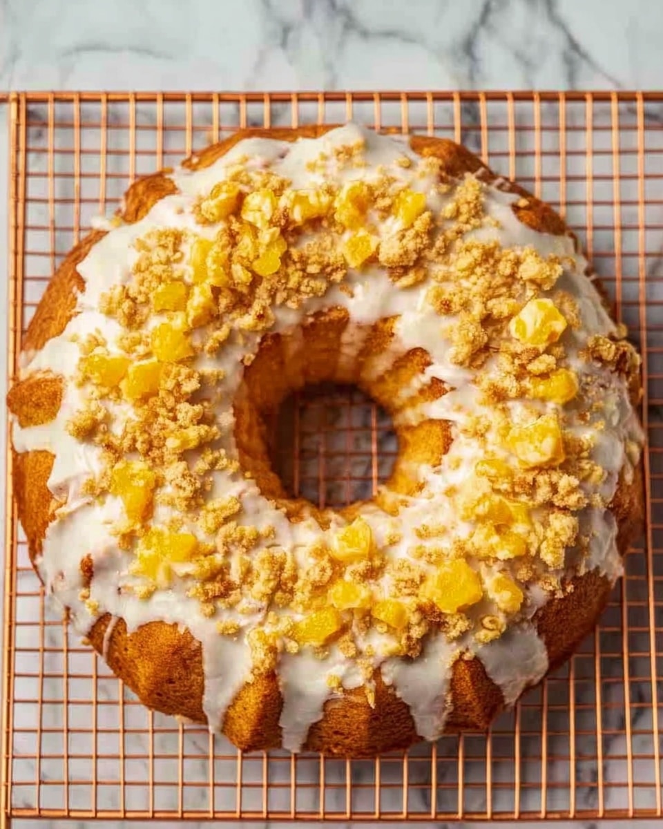 A round cake with a hole in the center, placed on a copper wire cooling rack over a white marbled surface. The cake is golden brown and topped with a thick white glaze that drapes unevenly over the edges. On top of the glaze, there are small chunky pieces of yellow fruit and crumbs that add texture and color contrast. The overall look is moist and inviting with a mix of smooth glaze and rough crumb toppings. Photo taken with an iphone --ar 4:5 --v 7