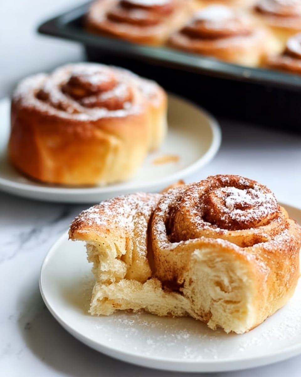 The image shows soft cinnamon rolls on a white plate with a white marbled surface background. The closest cinnamon roll is open, revealing several fluffy layers of light golden dough with a dusting of cinnamon inside. The roll's top is golden brown with a dusting of white powdered sugar, showing the spiral shape clearly. Another whole cinnamon roll with a similar golden-brown top and powdered sugar sits further back on the plate. In the background, a dark pan holds more cinnamon rolls, also golden with powdered sugar on top, softly out of focus. The scene is bright and clean, highlighting the soft texture and warm colors of the rolls. photo taken with an iphone --ar 4:5 --v 7