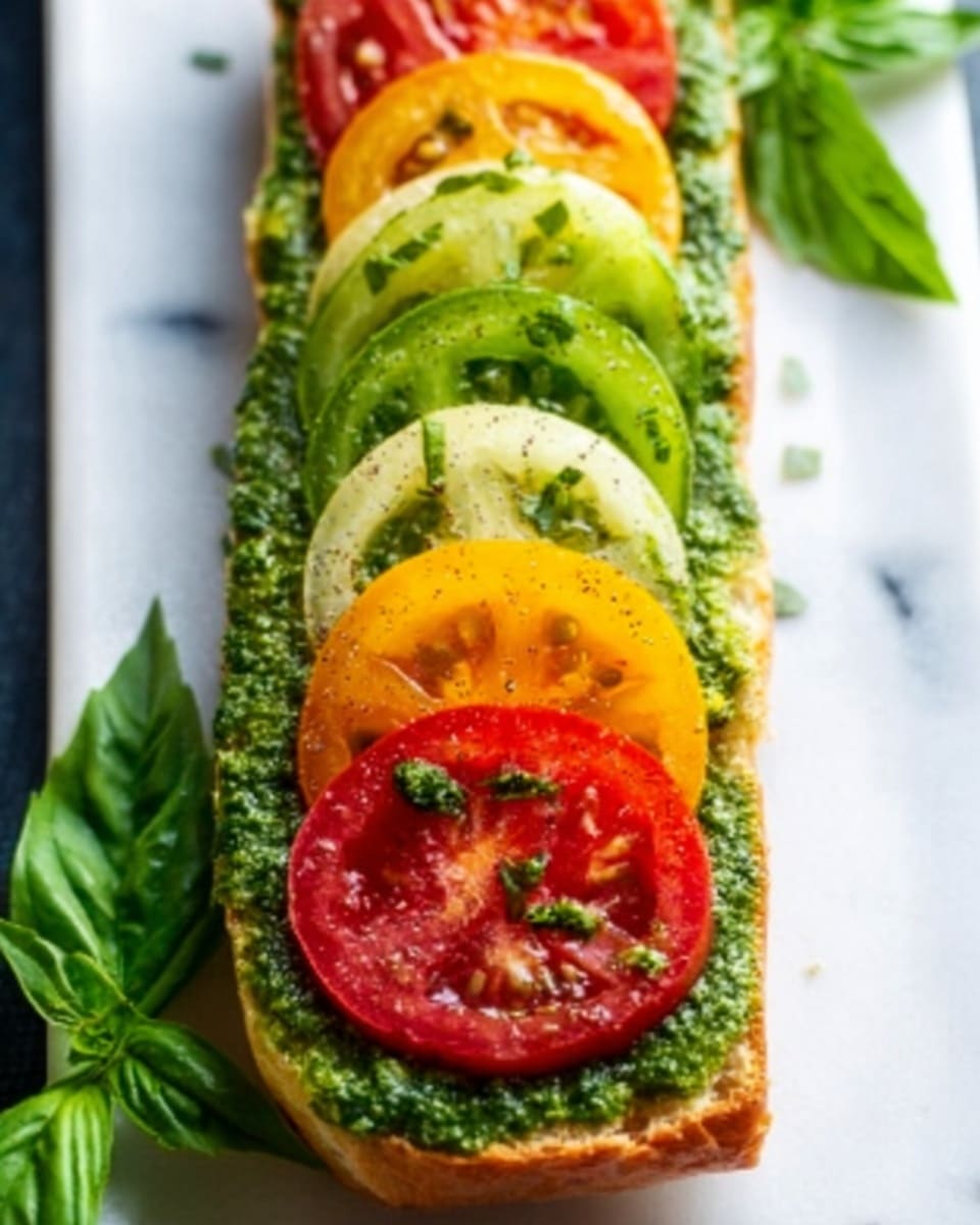 The image shows five small sandwiches on a dark surface with a white marbled texture. Each sandwich has three layers inside a sliced light brown crispy baguette: green pesto spread on the bottom, fresh green basil leaves in the middle, and slices of red and yellow tomato on top, with white mozzarella cheese slices beneath the tomato in some sandwiches. The sandwiches look fresh with some black pepper sprinkled on the tomato and cheese. Whole red and yellow tomatoes and a small bunch of basil leaves are placed around the sandwiches. Photo taken with an iphone --ar 4:5 --v 7